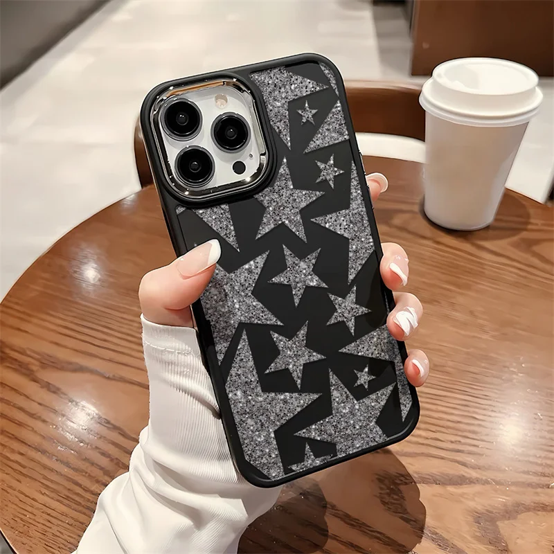 Funda de teléfono plateada con de estrella de cinco puntas para IPhone 16e 15 Pro 16 14 13 12 11 Pro Max 7 8 PIus XR, funda de silicona con marco de Metal