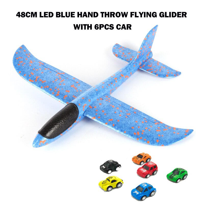 48cm LED Hand Werfen Fliege Segelflugzeug Freies Ziehen Auto spielzeug EPP Schaum flugzeug draussen Starten Flugzeug Spielzeug für freundlicher Puzzle Modell: Blau(mit 6 Wagen)