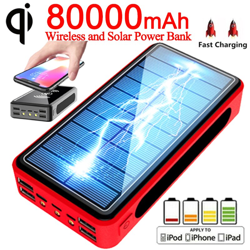 Batería Externa Solar inalámbrica Qi de 80000mAh, 4 puertos USB, cargador de teléfono portátil, cargador de carga rápida para Xiaomi, Samsung