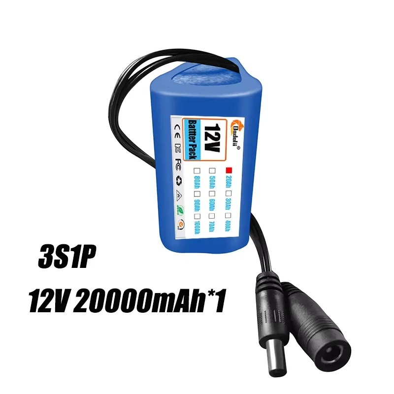 12V battery 3S1P 12V 20Ah 18650 lithium-ion battery pack with BMS for backup power supply CCTV cameras+12V charger: GRAY