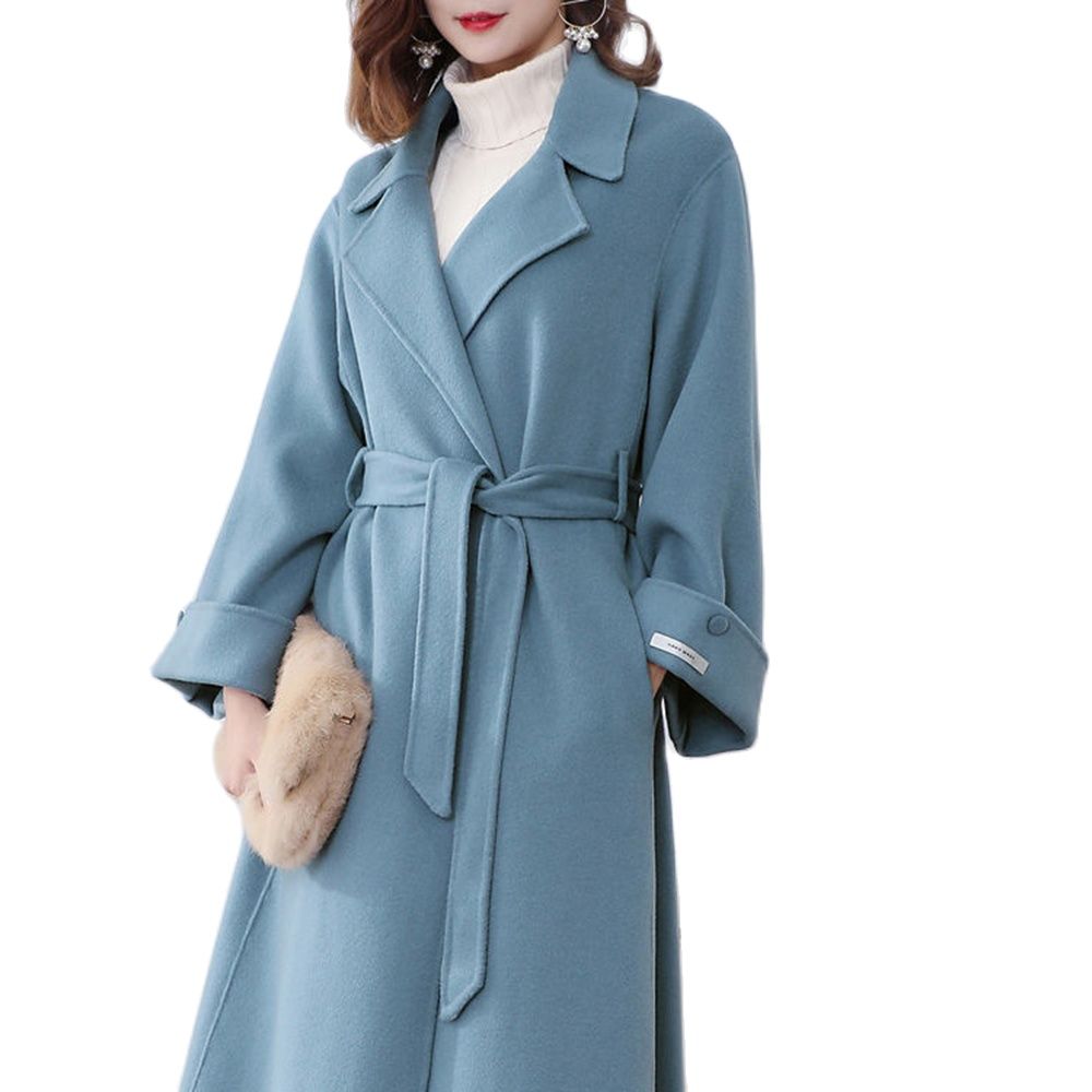 Manteau d'hiver en laine pour femmes, couleur unie, bleu lac, noir, ample, X Long, , avec ceinture, pour le bureau, XS à XXL