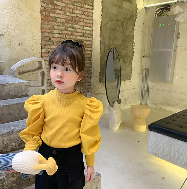 2020 nuove Ragazze balze T-camicia Autunno Del Manicotto di Soffio di Modo Delle Ragazze del Cotone superiore 2-7 anni QW157: Giallo