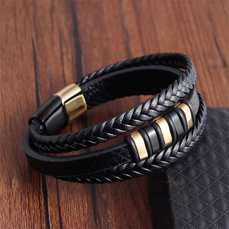 Leather Bracelet Men Multilayer Stainless Steel Handmade Braided Leather Bracelet For Men Jewelry