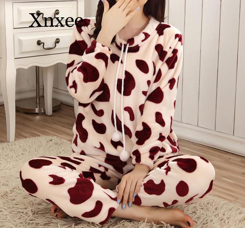 Coral fleece cow black and white animal Cartoon Flannel Women Pajama Sets Autumn and Winter Cute Thick Warm Women Sleepwear