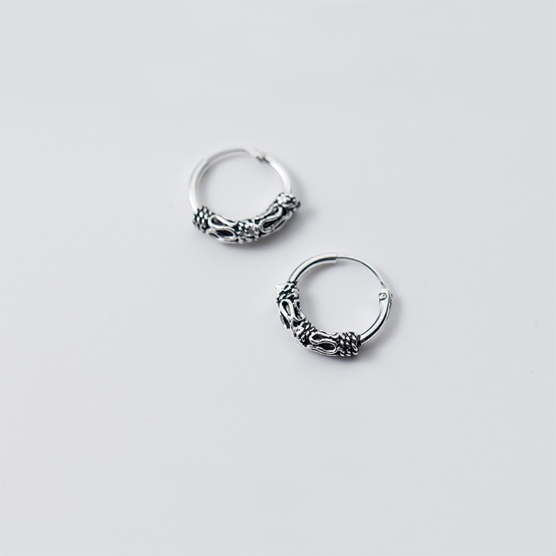 MloveAcc 100% 925 solide en argent Sterling Vintage fleur motif cerceau boucles d'oreilles pour les femmes Piercing boucles d'oreilles bijoux