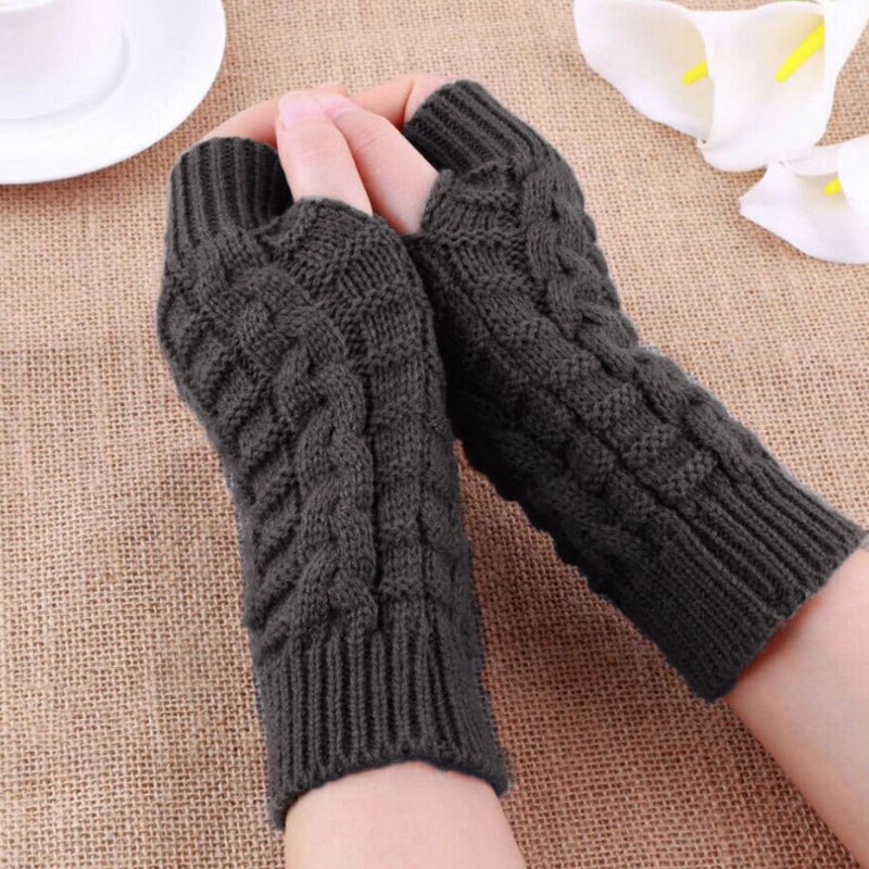 Winter Frauen Einfarbig Wolle Kabel Finger Handschuhe Dicke Warme Weiche Gestrickte Wolle Arm Daumen-See Finger Fäustlinge: dunkel Grau