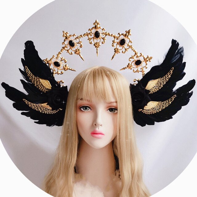 Lolita-tocados de corona KC de la Virgen María, alas de Ángel de Rosa Blanca gótica, cadena de cuentas, accesorios para el cabello, Tiara barroca: 3