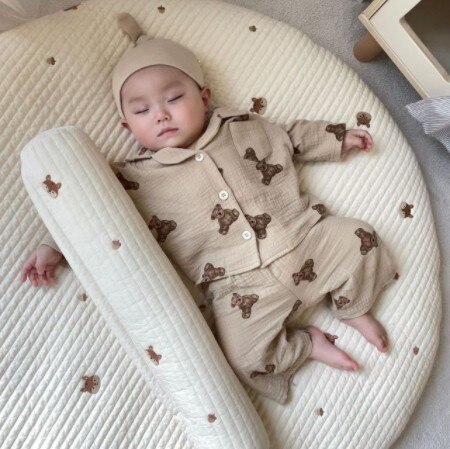 Pigiama per bambini primavera autunno Cardigan e pantaloni orso stampato manica lunga Comfort carino neonato ragazza cotone Musline filato indumenti da notte: Coffee / 110 (4-5Year)