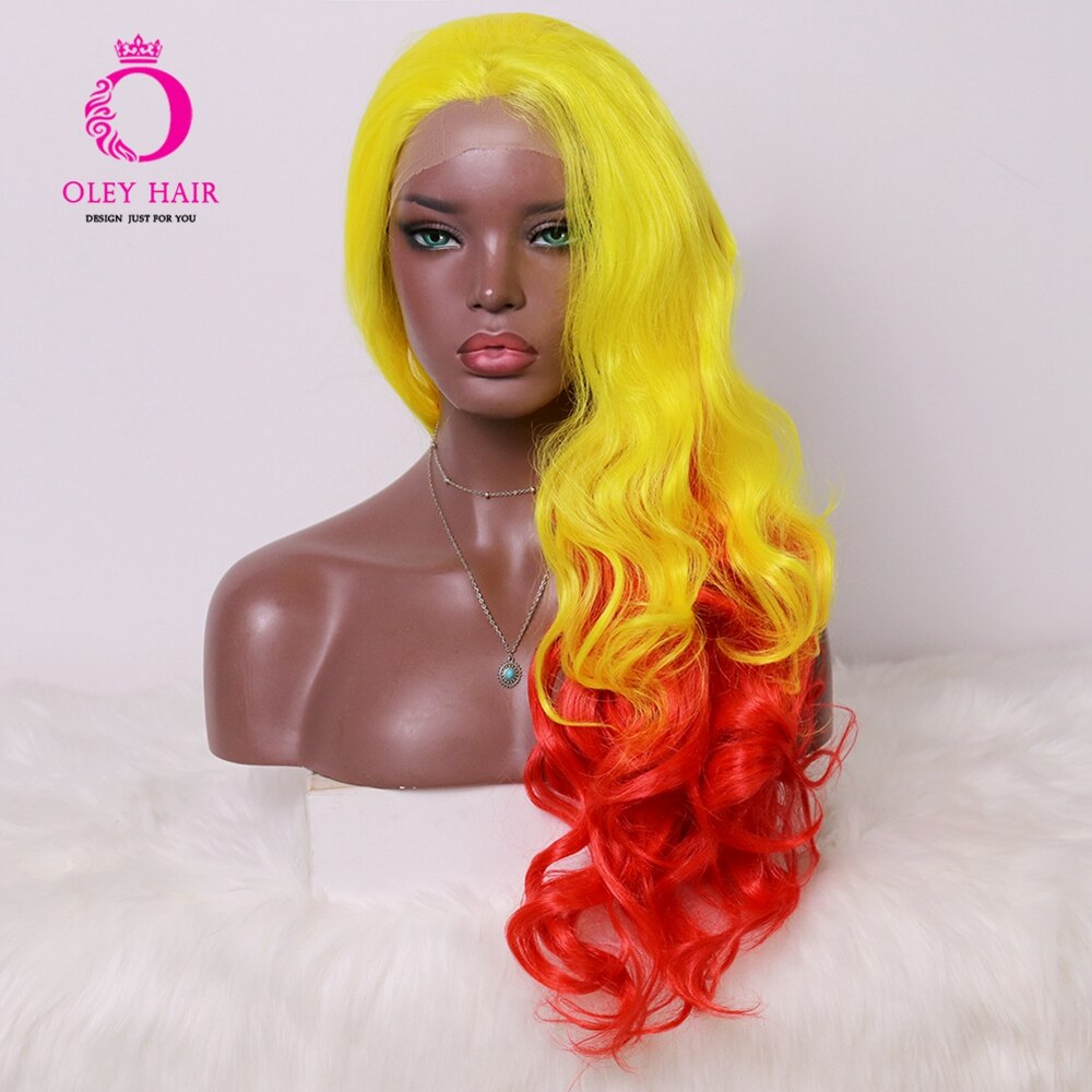 OLEY Orange Yellow Wig Heat Resistant Synthetic Lace Front Wig Freepart Loose Wave Drag Queen Cosplay Wigs For Black Women