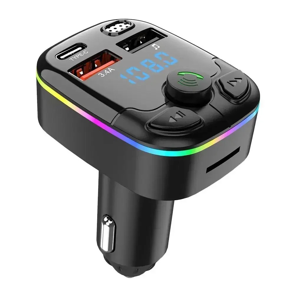 Auto Bluetooth 5.0 FM Absender 12/24V Freisprecheinrichtung Dual USB Umgebungslicht TF Karte MP3 Spieler Typ-C PD20W QC3.0 3,4A Schnellladegerät: Grau