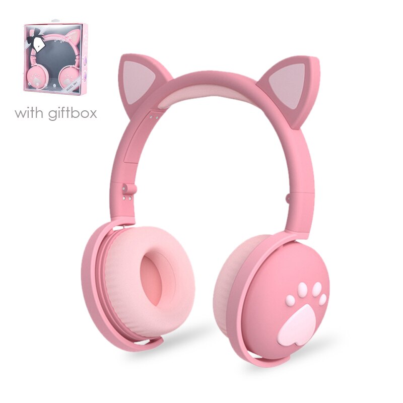 Cute cat Ear Paw Headset Glowing Kids Wireless Bluetooth 5.0 Headphones daughters Girls Earphones with Mic Children: A with box