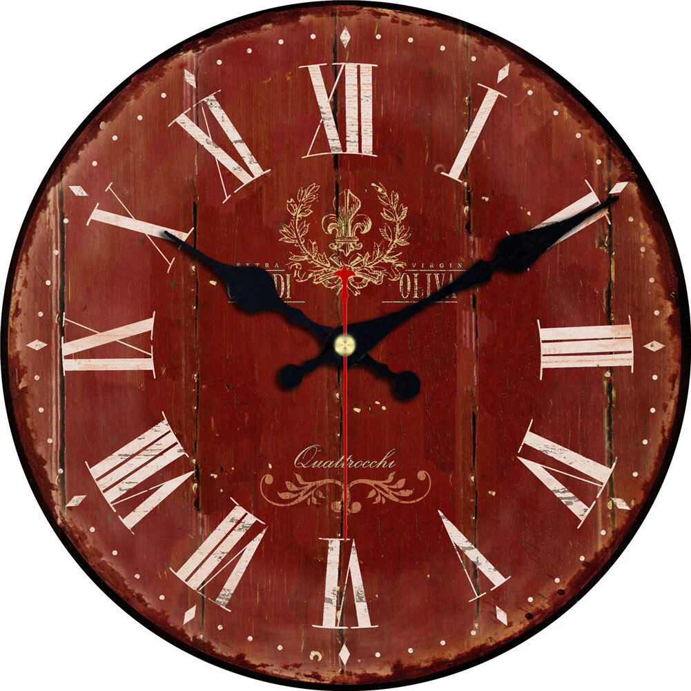 Vintage Tuscan Round Wall Clock Gray Red Quartz Battery Operated Shabby Clock Large Clock Retro Rustic Country Wooden Wall Clock: 13074 / 16inch(40cm)