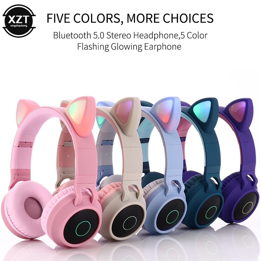 Auriculares estéreo con Bluetooth 5,0 y luz LED, bonito de gatos, auriculares Hifi inalámbricos para música, cascos estéreo con graves para teléfonos móviles y niñas, soporta tarjeta TF
