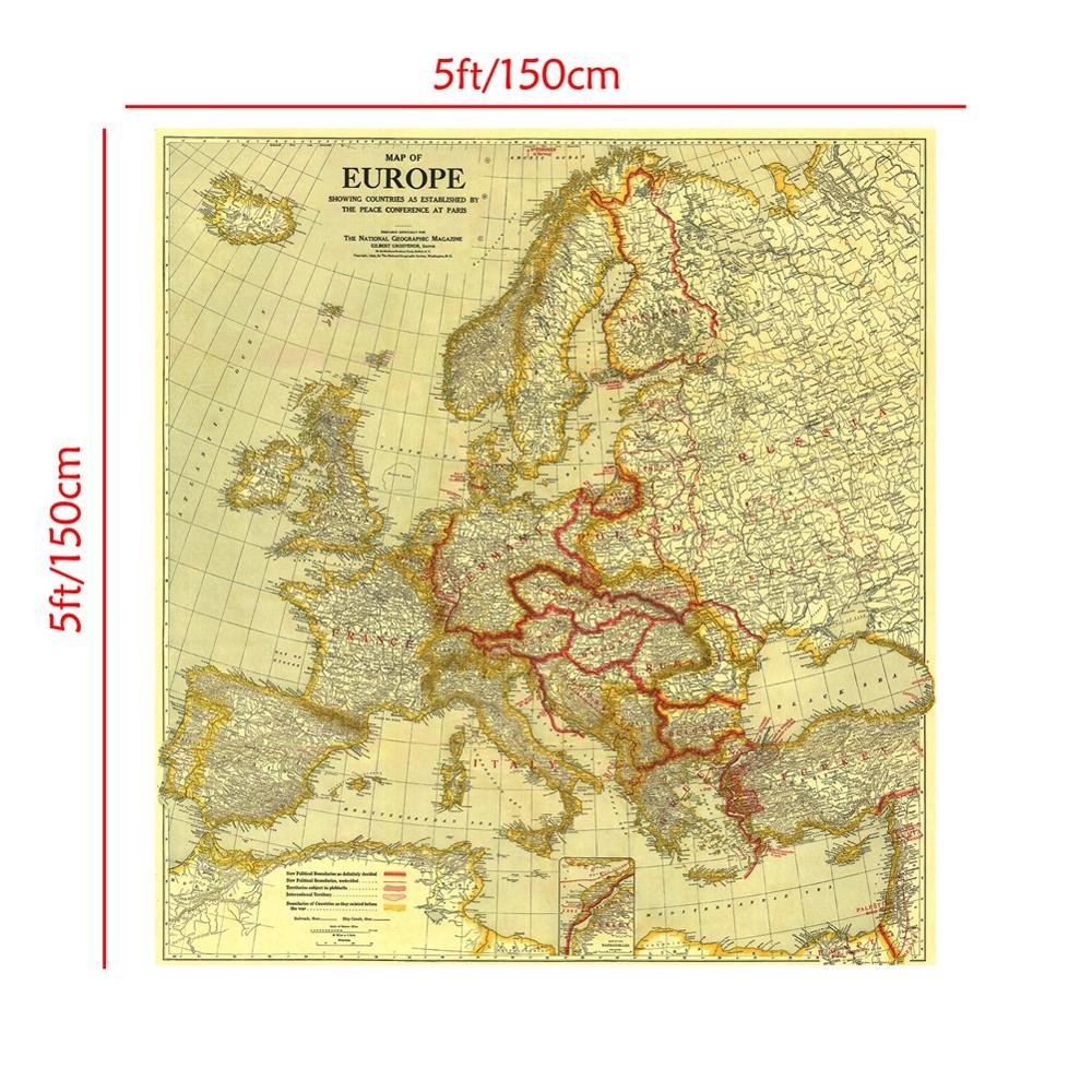 Mapa Vintage de Europa para decoración del hogar, mapa impermeable no tejido de 60x60 pulgadas, Conferencia de Paz en París en 1920, manualidades y pared