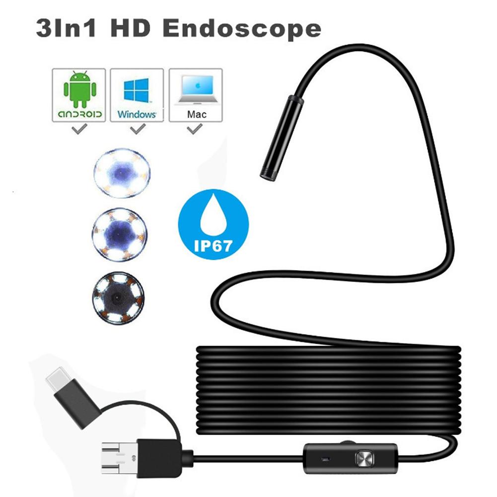 Endoscópio 3 em 1 usb tipo c, ferramenta de detecção de falhas, carro à prova d'água, 480p, com 6 luzes led para ios, android 30
