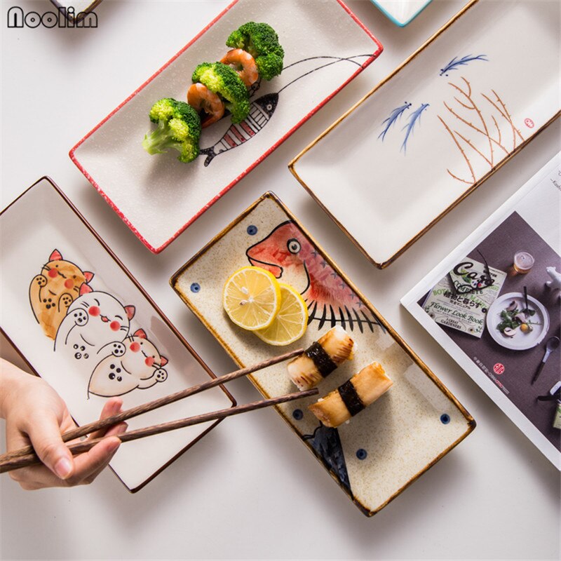 NOOLIM Japanischen Stil Keramik Platte Sushi Platte Kreative Persönlichkeit Rechteckigen Hand Gemalt Katze Platte Haushalt Geschirr