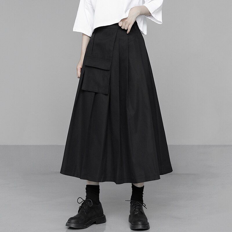 [EAM] taille haute noir poche fendue Joint plissé tempérament demi-corps jupe femmes marée printemps automne 1U326