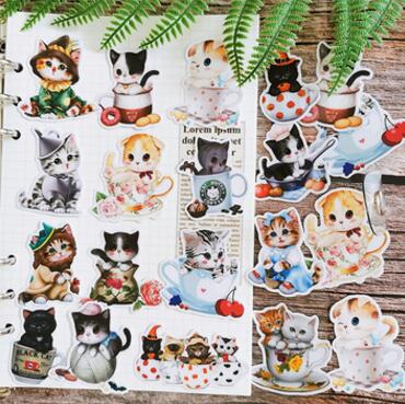 Cartoon kawaii teacup cat stickers DIY scrapbooking journal album happy planner crafts decorative stickers: B   20PCS  1bag