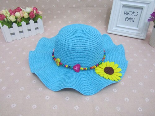 1 Uds Falbala de sombreros de sol para niños Primavera Verano playa sombrero de paja 52 cm circunferencia de la cabeza de 6138: Azul cielo