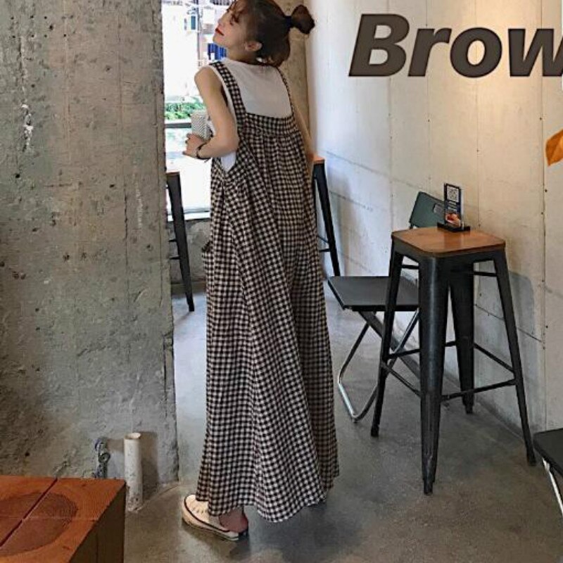 Vrouwen Jumpsuits Plaid Oversize Wijde Pijpen Enkele Breasted Grote Zak Zoete Leuke Koreaanse Stijl College All-Match Bf leisure