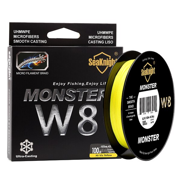 SeaKnight ligne de pêche W8 150 M tresse 8 brins ligne lisse PE Multifilament grand Angle technologie tressée 20-100LB: Hi vis yellow / 1.0