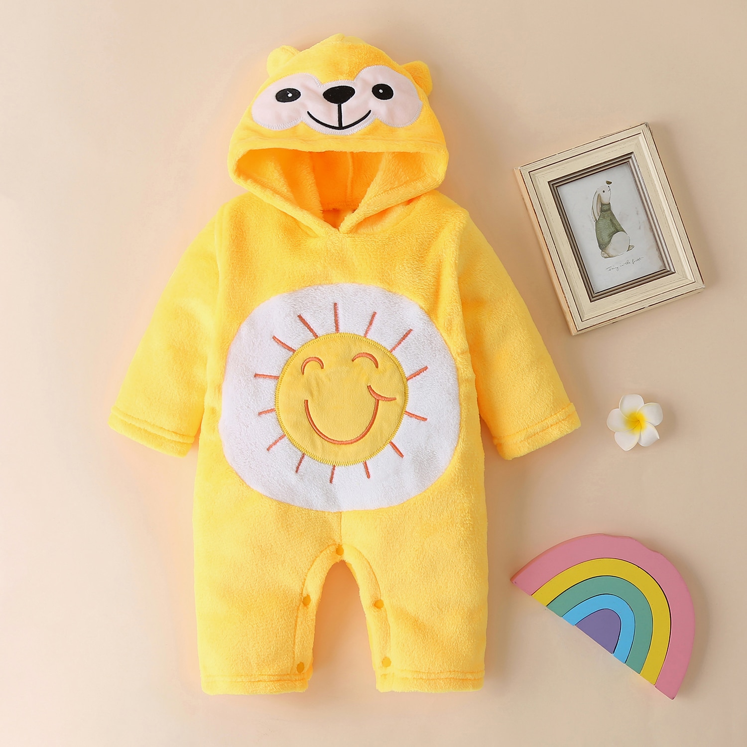 Cute Newborn Baby Boy Girl Autumn Winter Velvet Clothes Rainbow Print Romper Long Sleeve Hooded Jumpsuit One-piece Outfit 0-18M