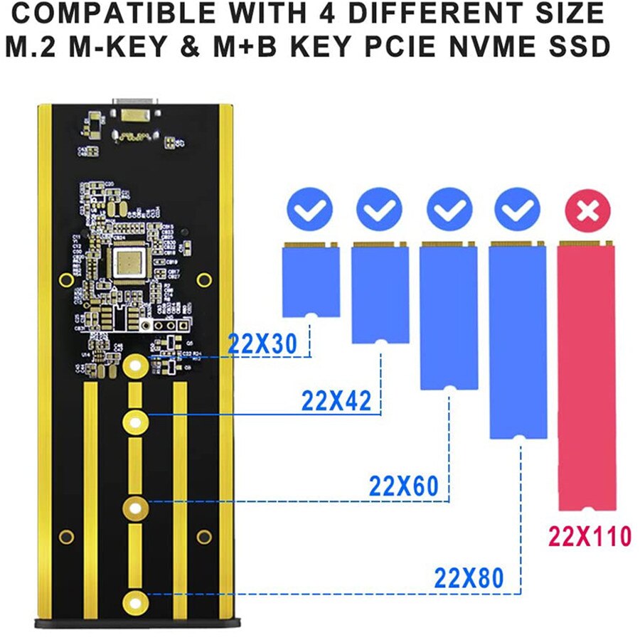 External Nvme SSD enclosure (PCI-E, Gen 2, 10 Gpbs) USB 3.1 aluminium slim USB C and USB-A cable incl.