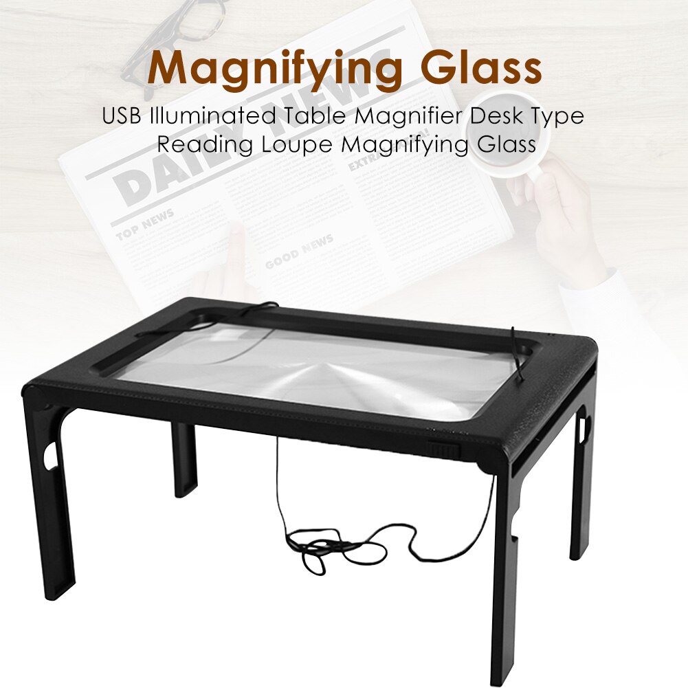 USB Illuminated Table Magnifier Desk Type Reading Loupe Magnifying Glass Feet Retractable Screen Magnify Tools with 6 LED Lights