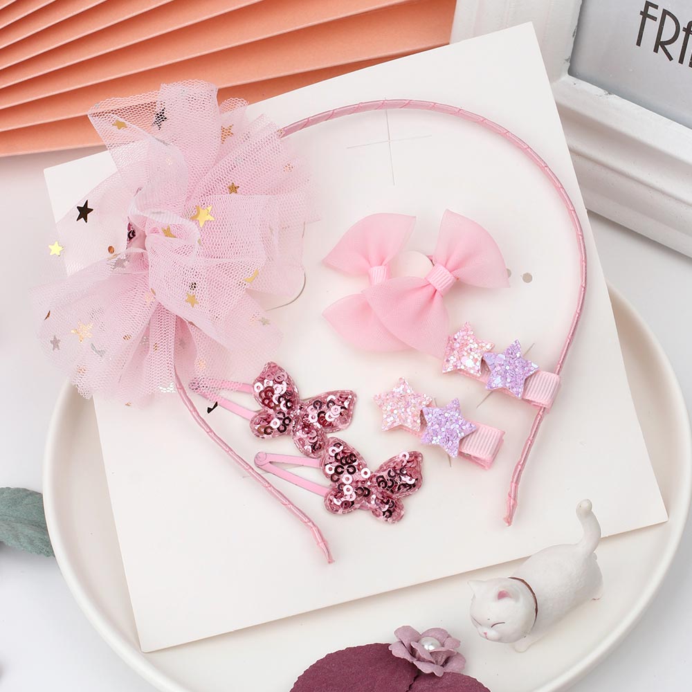 7 PCS/Set Hair Hoop Crown Flower Hair Tie Yarn Ball Hairclip Pentagram Butterfly Hairpin for Kids Headwear Barrettes Set