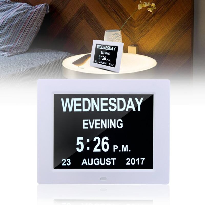 8 "digitale Wekker Extra Grote Non-Afgekort Dag Klok Datum Tijd Display Tafel Klokken voor Senioren Geheugen verlies Mensen: White