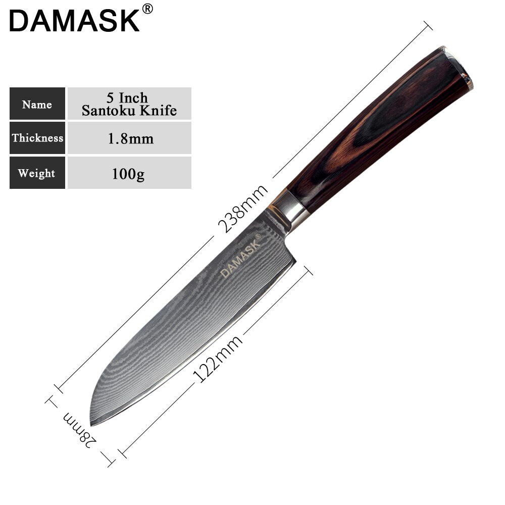 DAMASK Santoku Damascus Steel Knife High Hardness G10 Color Wood Handle ...