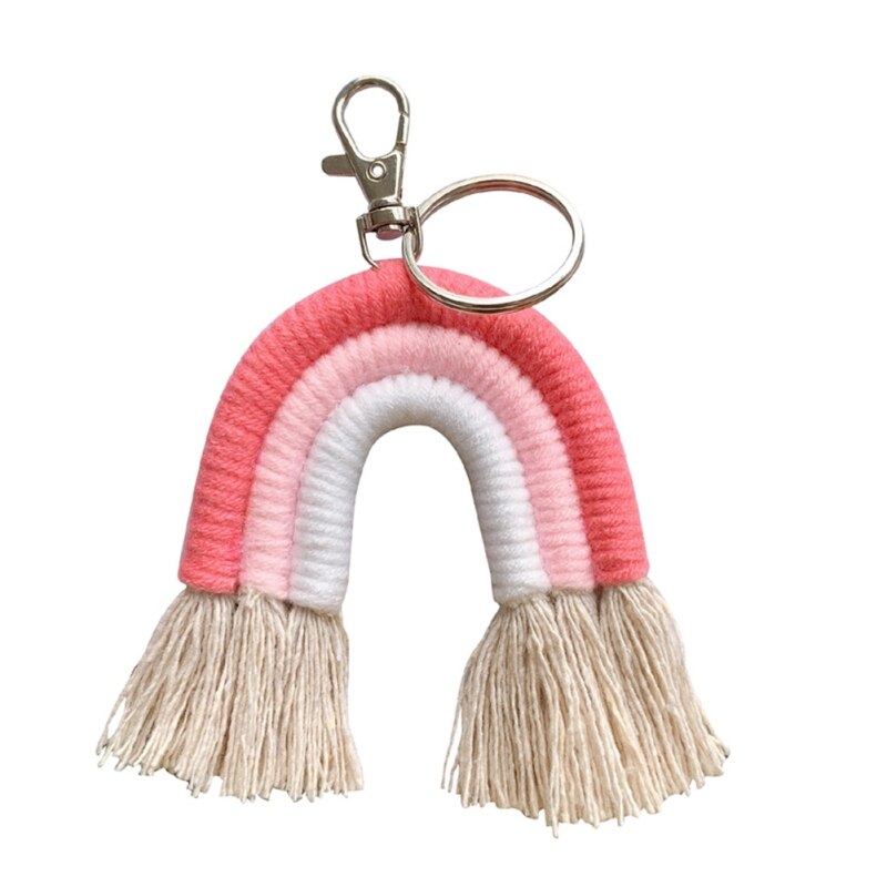 Macrame regnbue nøgleringe boho taske charms med kvaster håndvævet bomuldstilbehør til bilnøgle pung pung hængende dekoration: E