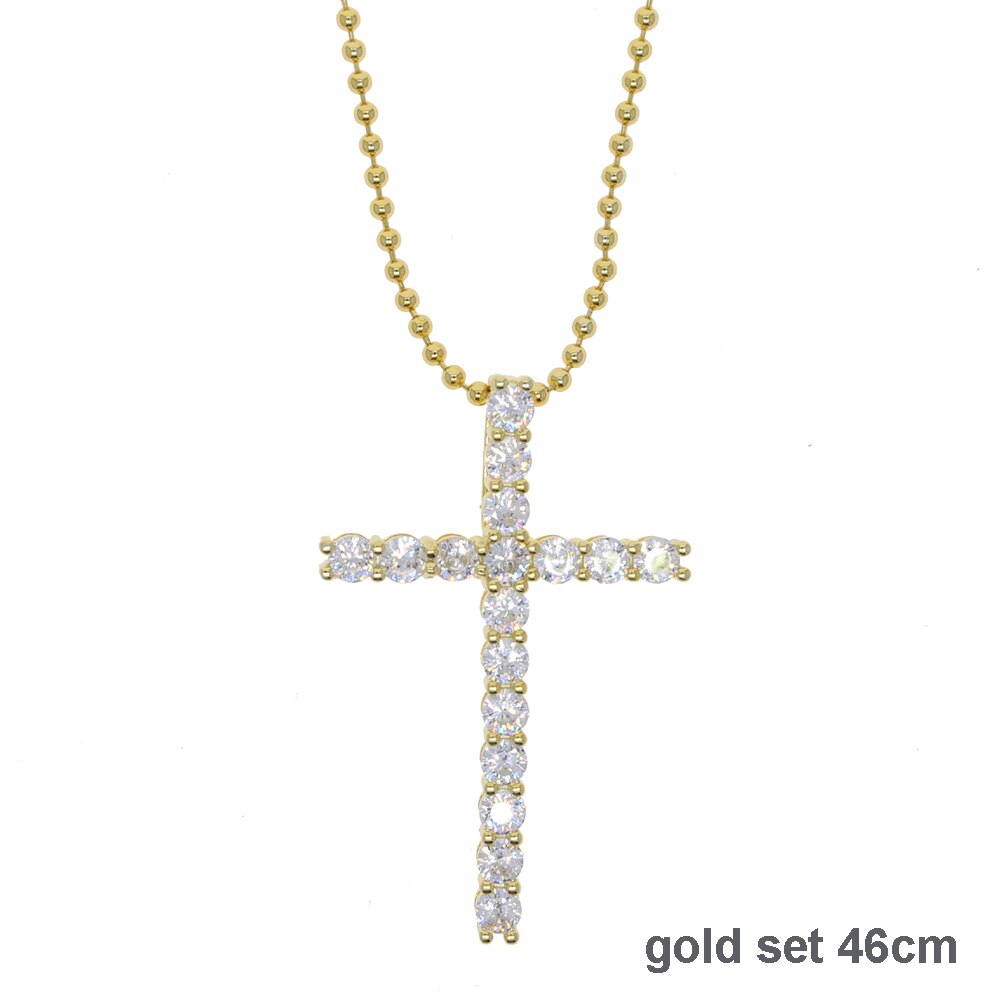 Iced out bling women girl jewelry hiphop bling 5A cubic zirconia cz tennis chain 30*50mm cross pendant choker necklace: bead gold set 46cm