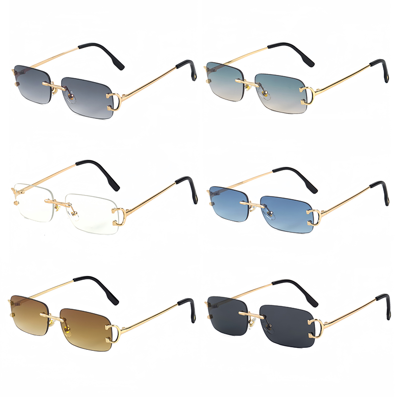 HBK rétro lunettes de soleil sans monture pour femmes hommes petit carré cadre doré thé nuances Rectangle UV400 Zonnebril lunettes