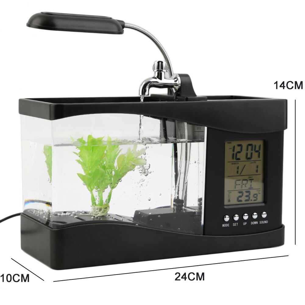 1PCDC 5V USB Schreibtisch Mini Aquarium Aquarium LCD Timer Uhr LED Lampe Licht Schwarz Farbe 24*10*14cm