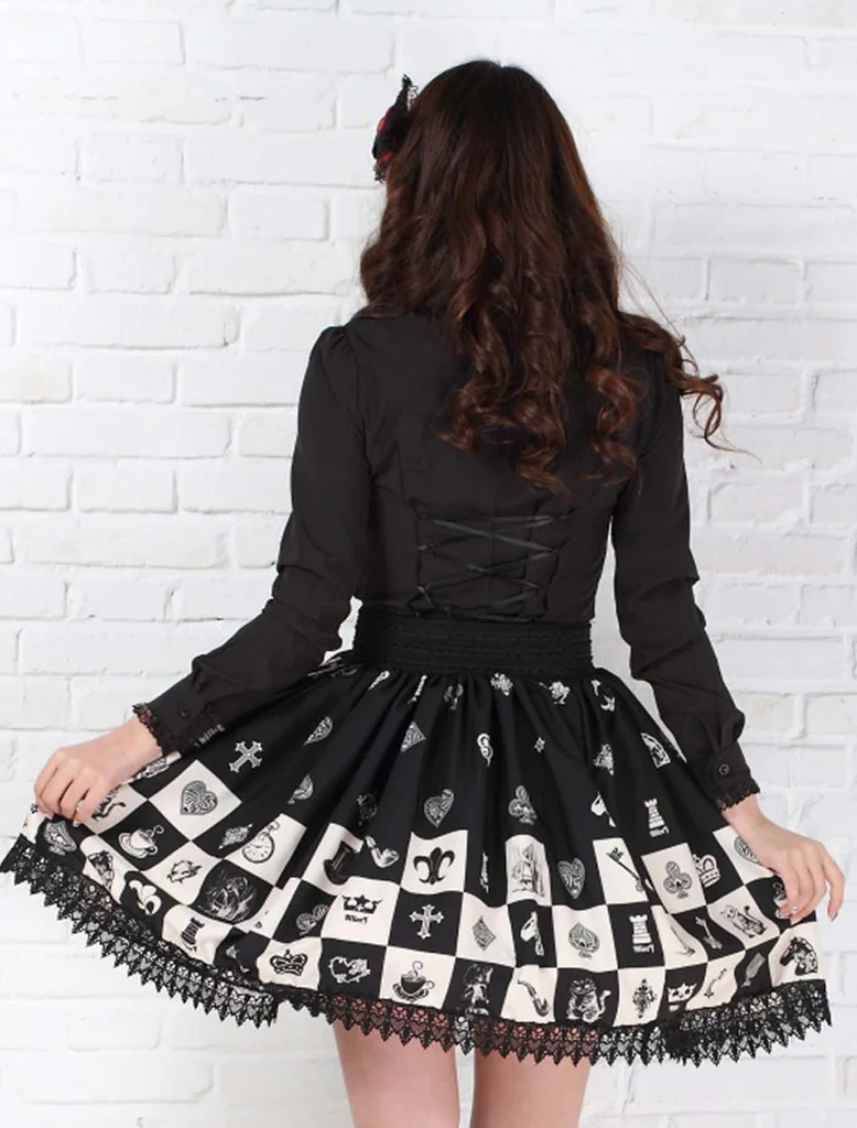 Gotisk elastisk talje skater nederdel sød ternet/ternet kawaii sort blonde korte lolita nederdele