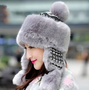 Thick warm fluff Bomber hats for women winter Chapeau chaud cute ethnic style women anti-cold earmuffs hat women&#39;s hat: gray