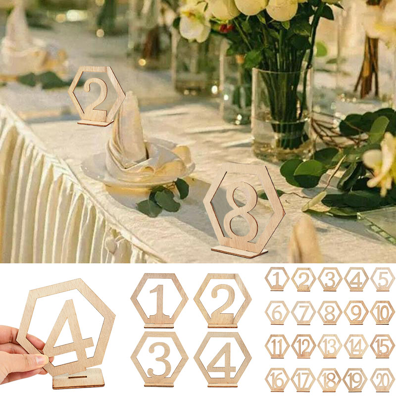 1-20 Nummer Houten Tafel Teken Hexagon Rustieke Bruiloft Plaats Kaart Desktop Decoratie Engagement Seat Nummer Borden Event Supplies