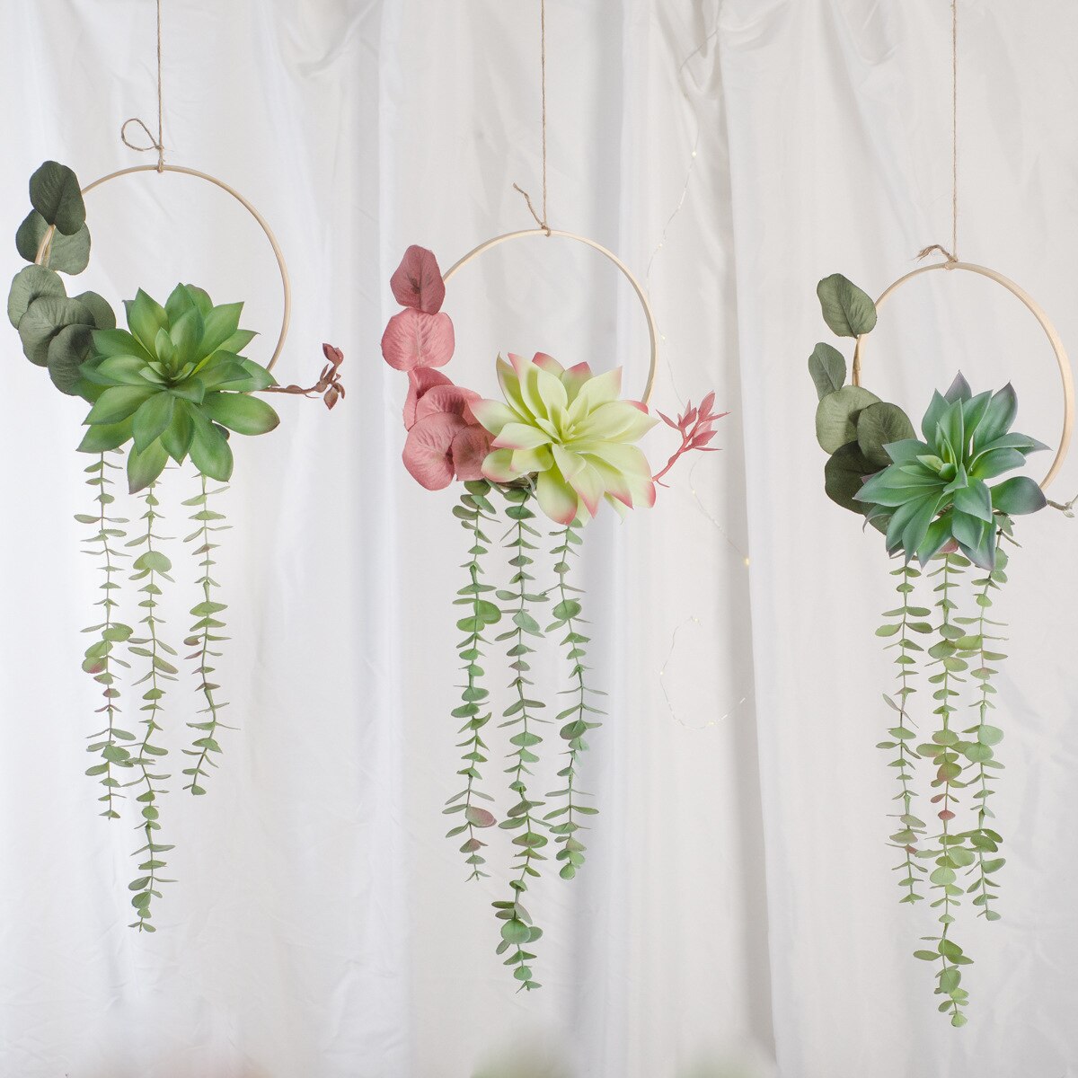 Cilected Artificial Succulent Hanging Plants Decor Wedding Wreath With Drooping Leaves Bamboo Hoop Garland For Wall Decoration