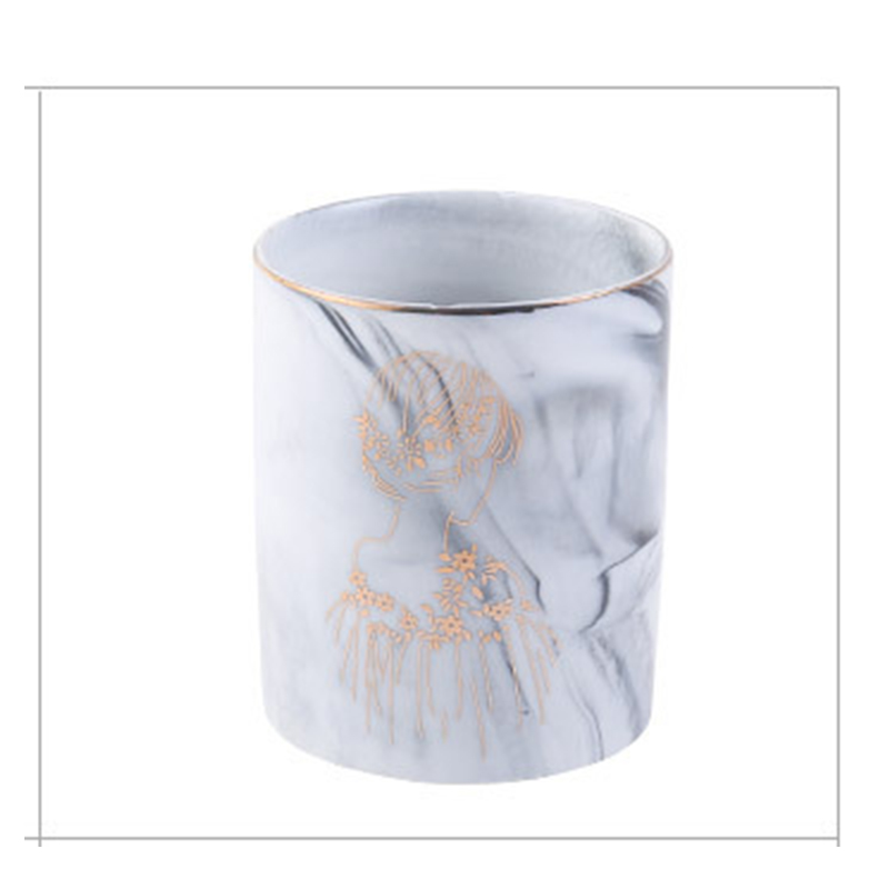 1pc Ceramic Pen Holder Marble Texture Pencil Cup Pot Desk Organizer Makeup Brush Holder SMD66: 05