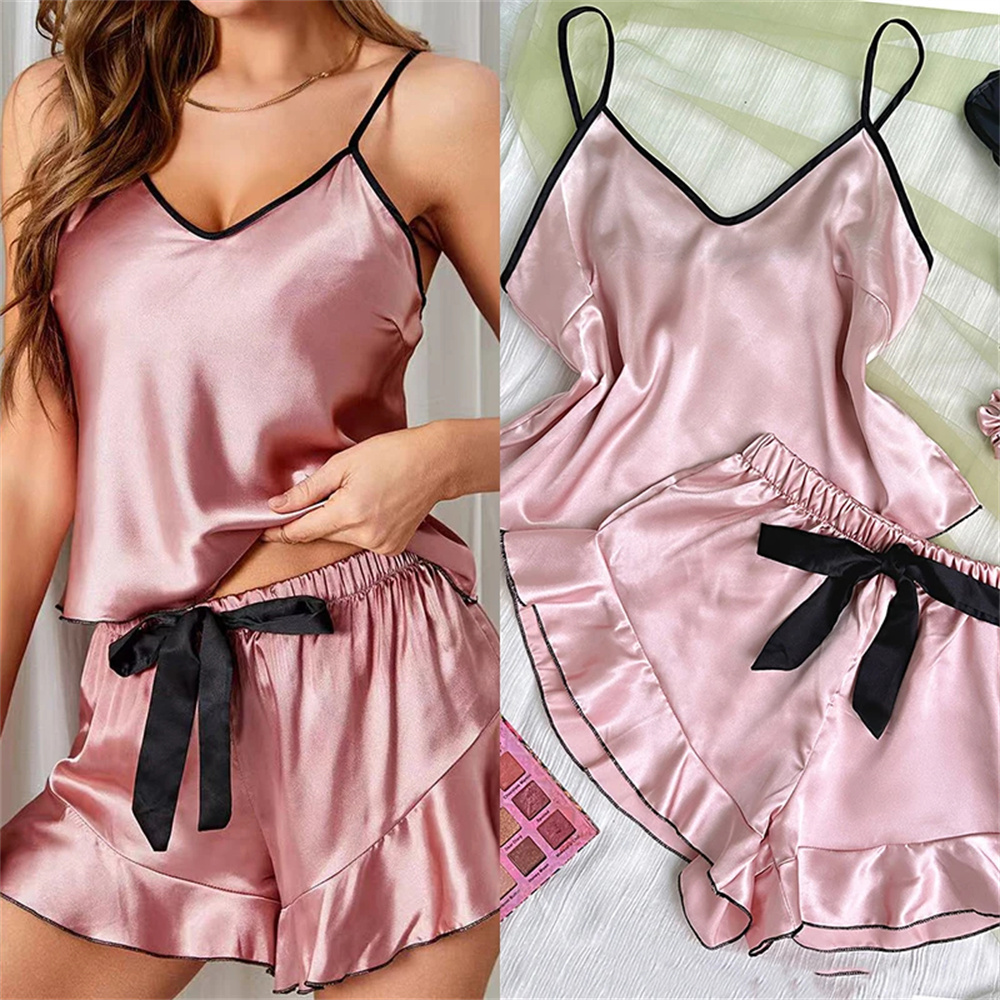 Pijama feminino de cetim liso, camiseta com decote em v, bordas com babados e shorts com laço, conjunto de pijama simples e respirável, roupas para casa