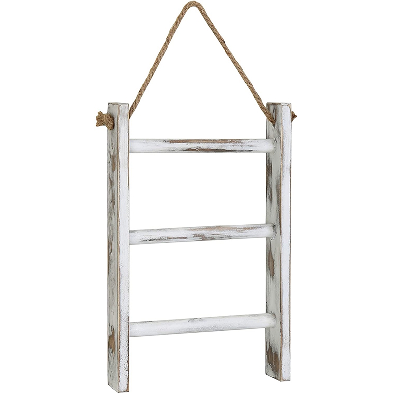 Escalera para colgar en la pared, toallero rústico de madera lavada en blanco, estante de toallas de decoración de granja con cuerda ajustable