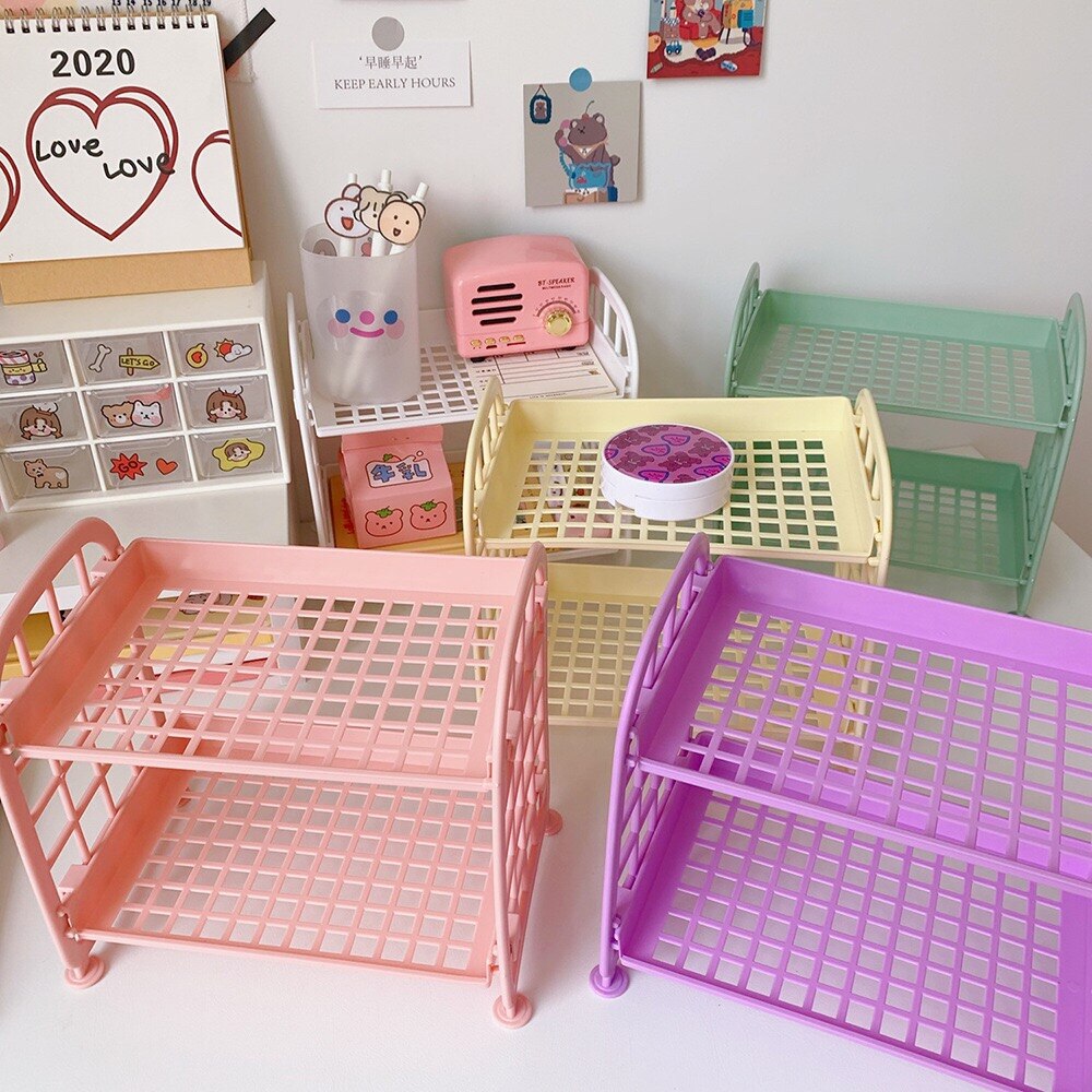 Support de rangement en plastique pour livres, coréen Ins, 2 couches, pour articles de papeterie cosmétique, de bureau, pliable, à monter soi-même