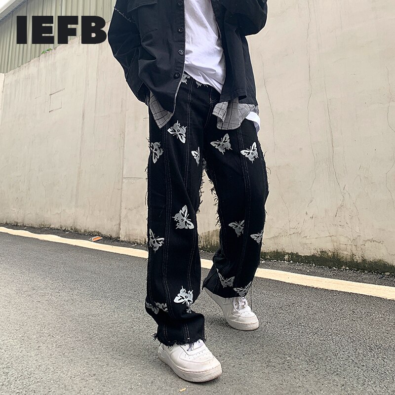 IEFB Men's Butterfly Reflective Print Tassel Harajuku Hip Hop Streetwear Black Jeans Trend Niche Denim Trousers 9Y6339