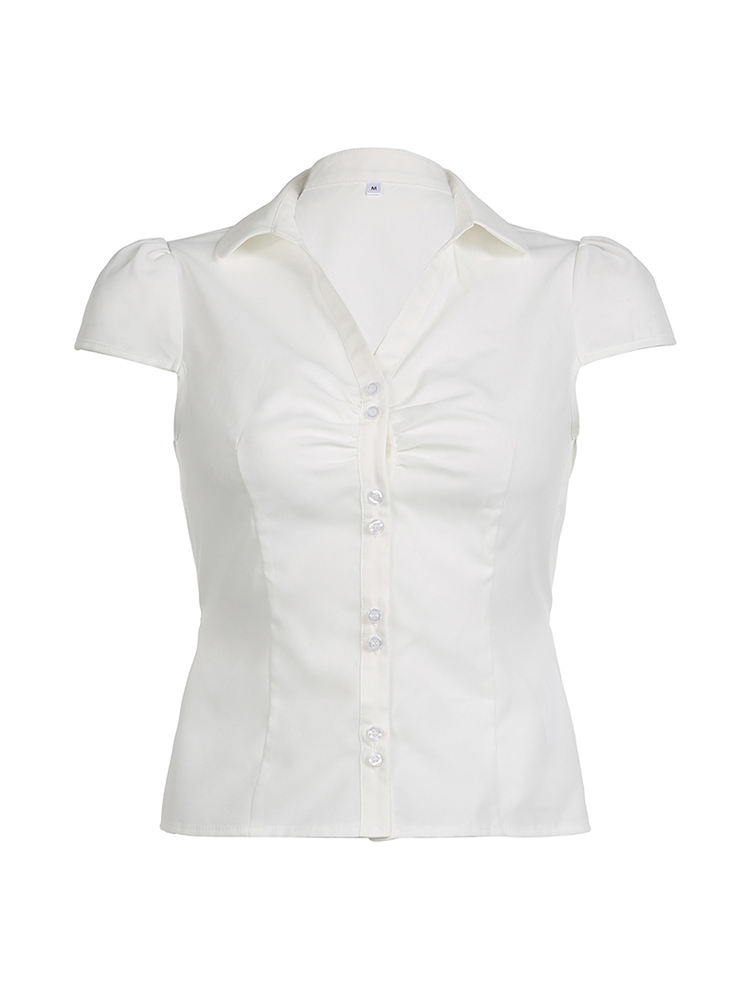Effen Shirring Button Up Turn Down Kraag Korte Mouw Witte Shirts Dames Eenvoudige Casual Zomerkleding: L / WHITE