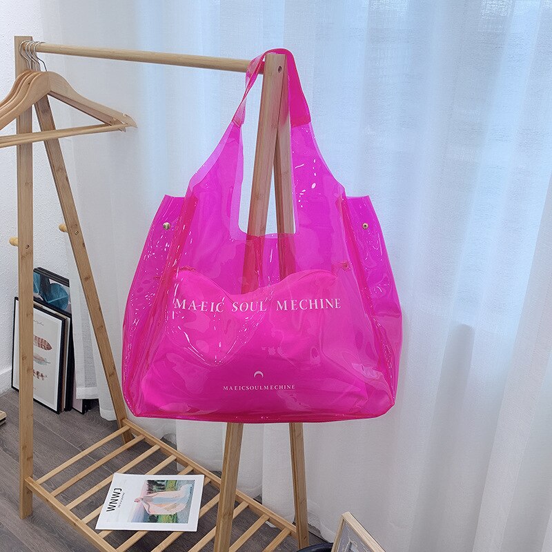 2019 Novo Saco Mulheres Bolsa de Ombro Grande Capacidade de saco de Praia PVC Transparente Geléia Bolsa Doces Casuais Tote Weekender Viagem Duffel Bag: rose red