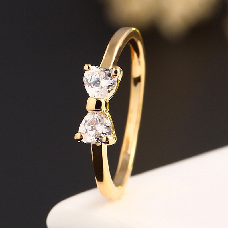 Crystal Rings Classic Gold Color Finger Bow Ring Unique Romantic Wedding Engagement Party Rings For Women