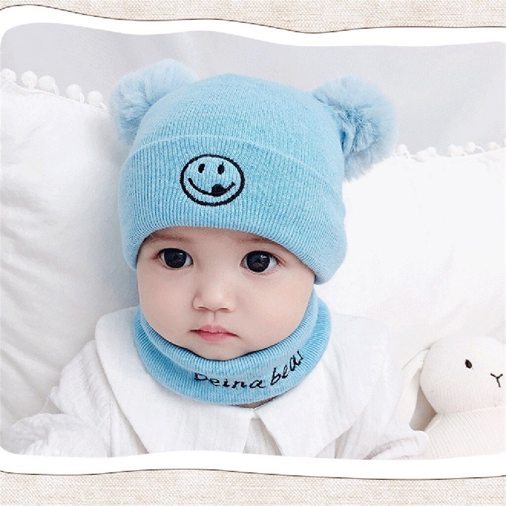 Conjunto de dos piezas de bufanda y sombrero de punto para niños, gorros de para chicas con estampado para el hogar, sombreros de bebé cálidos para invierno, sombreros para bebé niña # p30: Azul