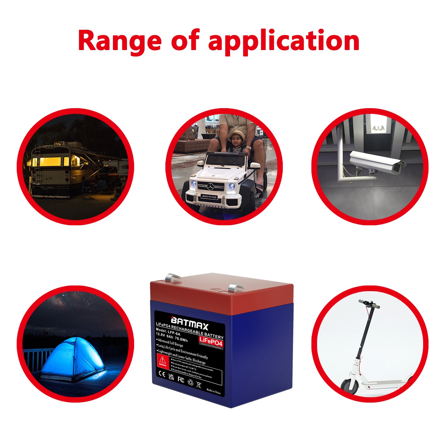 Batmax 12V 6A Lithium LiFePO4 Deep Cycle Rechargeable Battery for RV, Solar, Marine, Overland, Off-Grid Applications