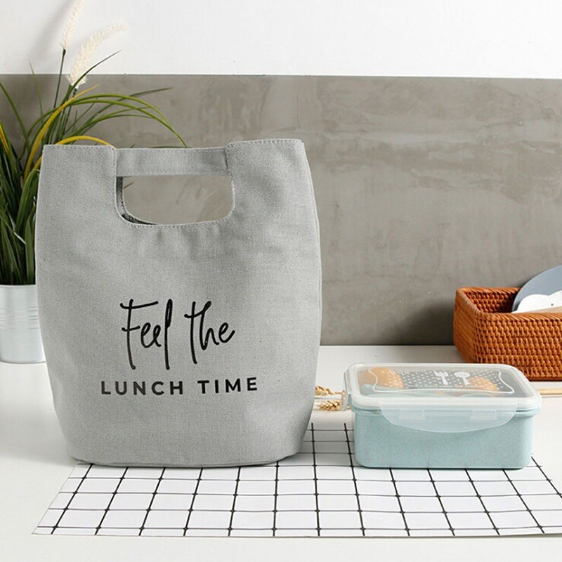 Cotton Canvas Lunch Box Insulation Bag Picnic Bag Simple Letter Type Large Capacity Multi-Purpose Cloth Bag Foods Organizer: C-grey